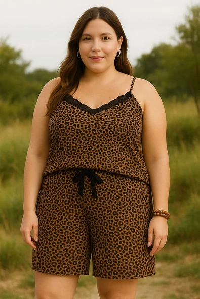 KADIN Büyük Beden İp Askılı Bluz ve Şortlu Alt Üst Pijama - GENİŞ KESİM - KAHVERENGİ LEOPAR - 2