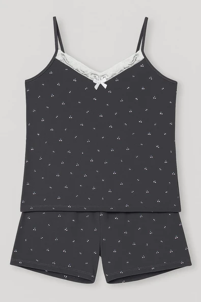 KADIN Büyük Beden İp Askılı Bluz ve Şortlu Alt Üst Pijama - GENİŞ KESİM -ANTRASİT - 6