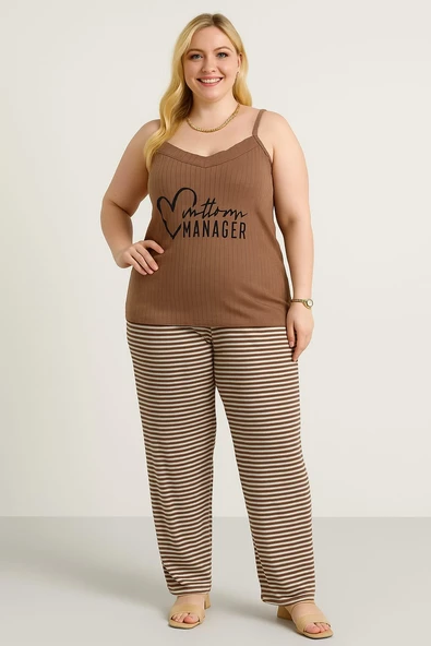 Büyük Beden İp Askılı Üstlü ve Uzun Altlı Alt Üst Pijama Takımı