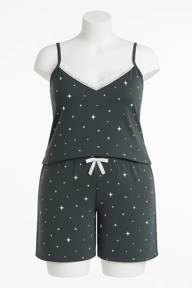 KADIN Büyük Beden İp Askılı Bluz ve Şortlu Alt Üst Pijama - GENİŞ KESİM - FÜME - 4