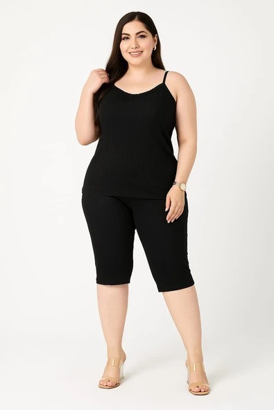 KADIN Büyük Beden İp Askılı Bluz ve Kapri Alt Üst Pijama Takımı