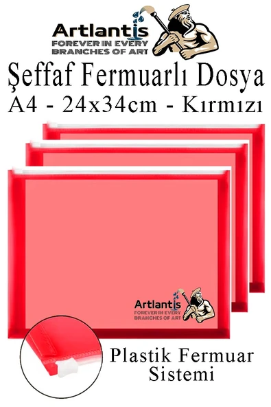 A4 Şeffaf Fermuarlı Dosya Kırmızı 3 Adet Pvc Fermuarlı Evrak Dosyası 24x34cm Çıtçıtlı Belge Evrak Dosyası Ofis Büro Okul