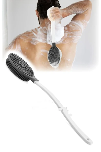 Çift Taraflı Uzun Saplı Vücut Ve Masaj Fırçası Banyo Sırt Kesesi Silikon Masajlı - 2