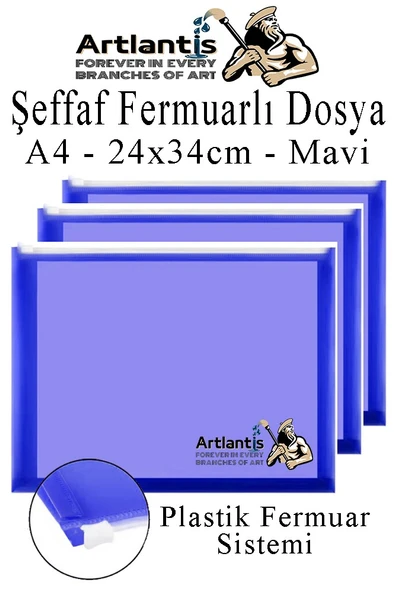 A4 Şeffaf Fermuarlı Dosya Mavi 3 Adet Pvc Fermuarlı Evrak Dosyası 24x34cm Çıtçıtlı Belge Evrak Dosyası Ofis Büro Okul
