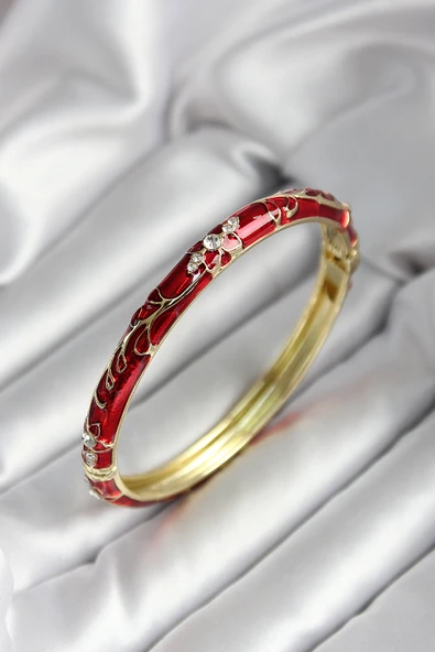 Mineli Pirinç Kırmızı Çiçek Desenli Zirkon Taşlı Gold Renk Kadın Kelepçe - TJ-BB7007