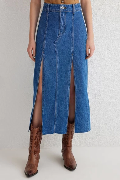 Çift yırtmaçlı jean etek s140 - 4