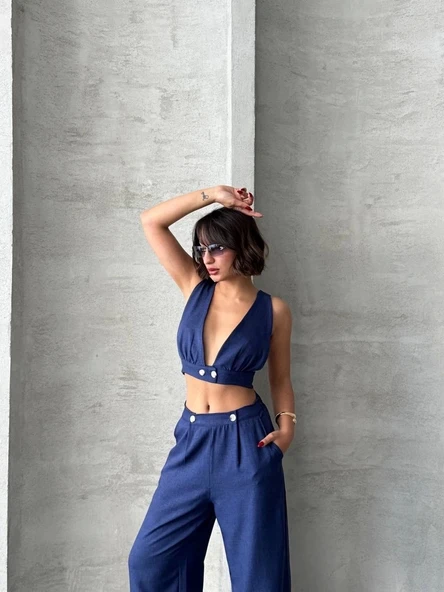 Crop pantolon keten takım s255012 - 6