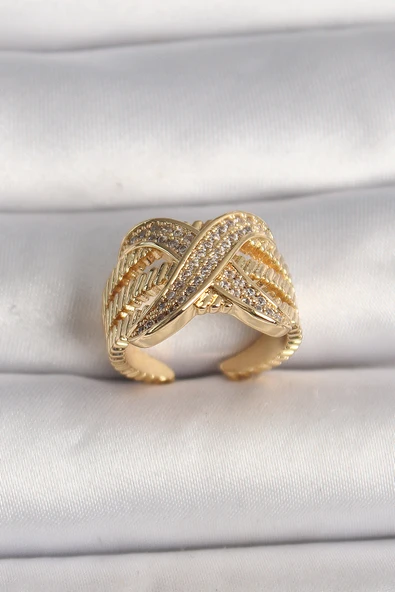 Pirinç Gold Renk Ayarlanabilir Zirkon Taşlı X Model Kadın Yüzük - TJ-BYK3601