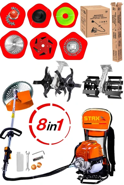 8IN1 Benzinli 20HPX Çim Çayır Ot Biçme Bahçe Bakımı Sırt Tipi Tırpan + 8'li Süper Set Çapa Başlığı