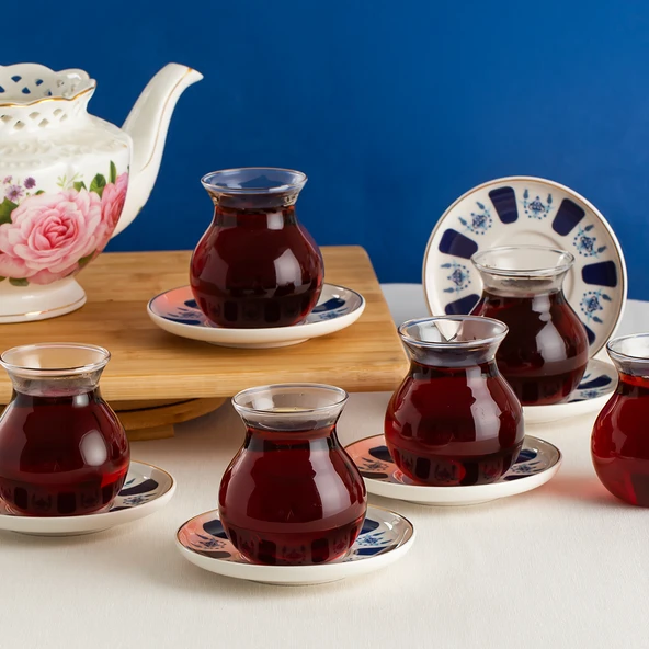 Perotti 17902 Laleli 12 Parça 6 Kişilik Çay Seti – 210 ml Borosilikat Cam Tombik Bardak ve Porselen Çay Tabağı Takımı ürün görseli