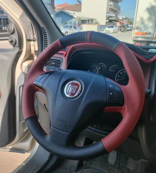 Fiat Line Tuşlu Direksiyonlara Uyumlu Araca Özgü Dikmeli Direksiyon Kılıfı Kırmızı Karbon ürün görseli