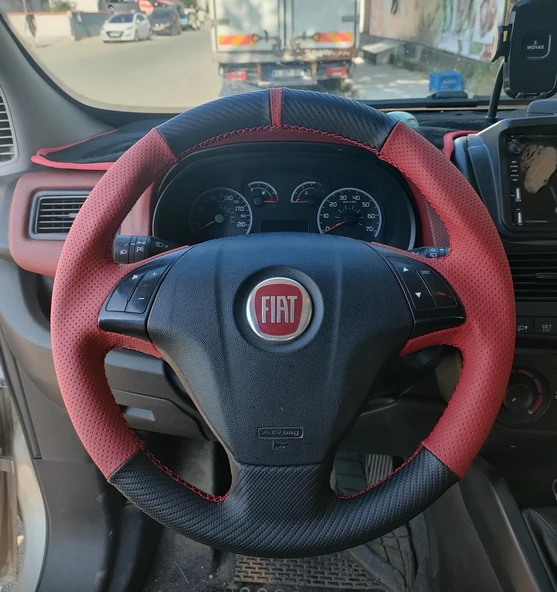 Fiat Line Tuşlu Direksiyonlara Uyumlu Araca Özgü Dikmeli Direksiyon Kılıfı Kırmızı Karbon - Resim 2