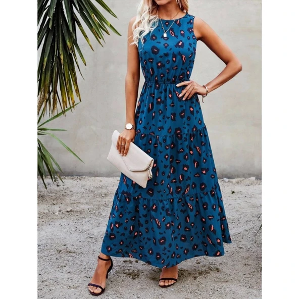 Lucky Life Kadın Kolsuz Bisiklet Yaka Beli Lastikli Desenli Süprem Elbise - 2