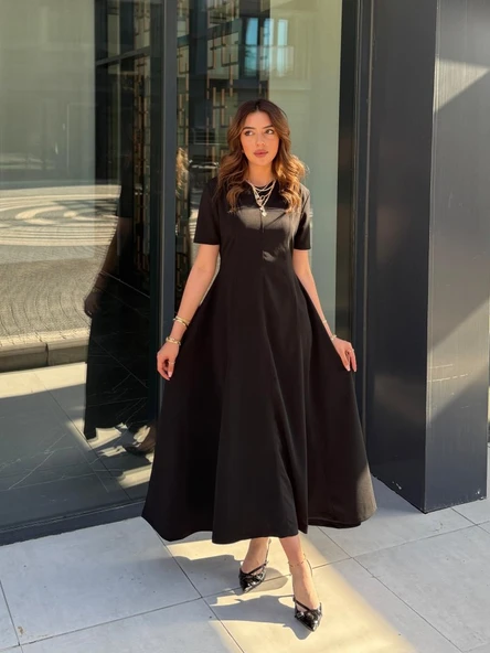 Lucky Life Kadın Kısa Kollu Bisiklet Yaka Maksi Boy Ithal Krep Elbise - Resim 2