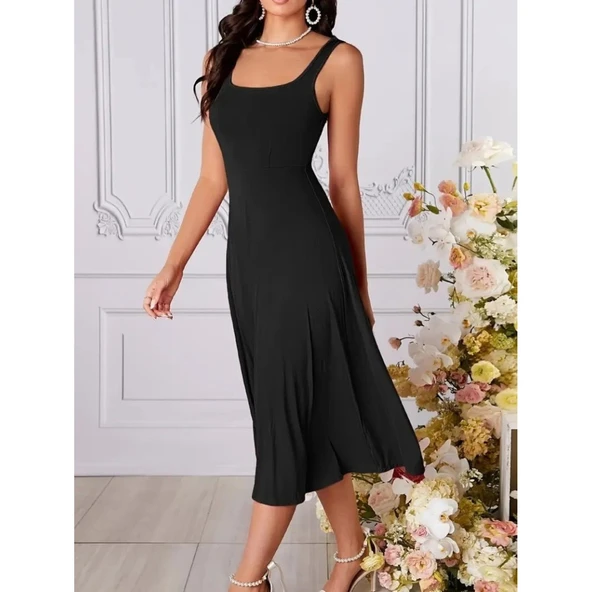 Lucky Life Kadın Askılı Geometrik Yakalı Geniş Kesim Detaylı Ithal Krep Elbise