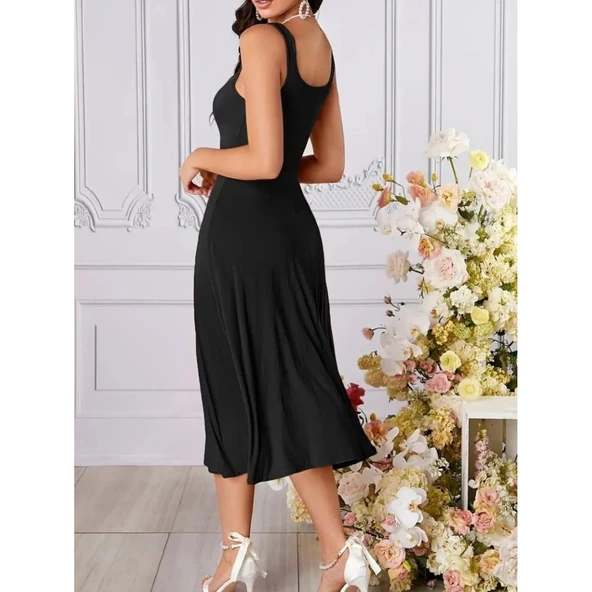 Lucky Life Kadın Askılı Geometrik Yakalı Geniş Kesim Detaylı Ithal Krep Elbise - 3