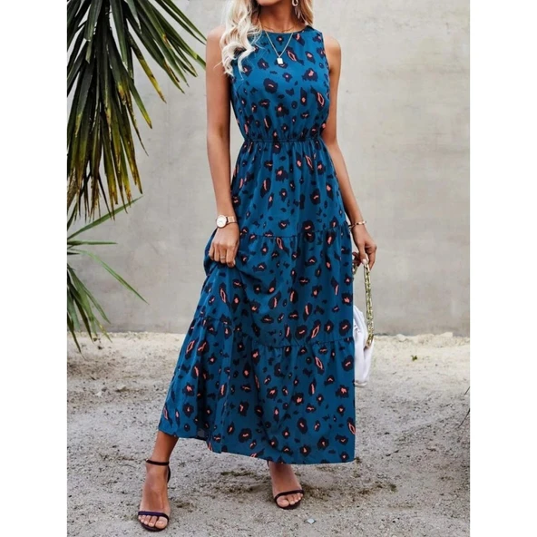 Lucky Life Kadın Kolsuz Bisiklet Yaka Beli Lastikli Desenli Süprem Elbise - 3