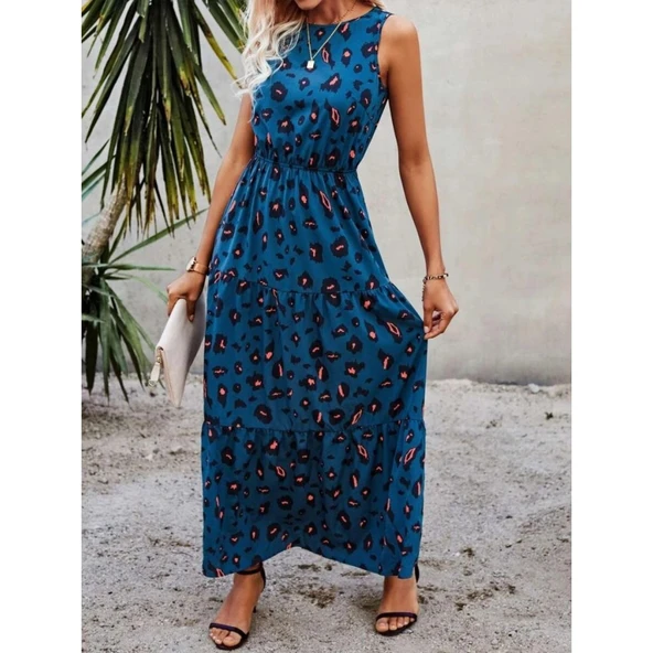 Lucky Life Kadın Kolsuz Bisiklet Yaka Beli Lastikli Desenli Süprem Elbise