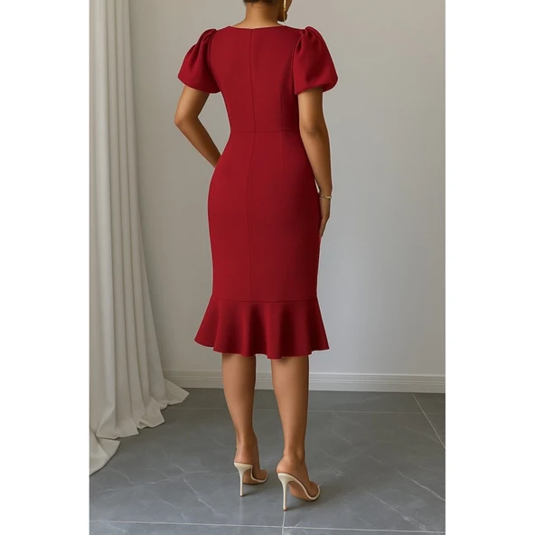 Lucky Life Kadın Kısa Kollu Yuvarlak Yaka Pileli Janjan Krep Elbise - 3