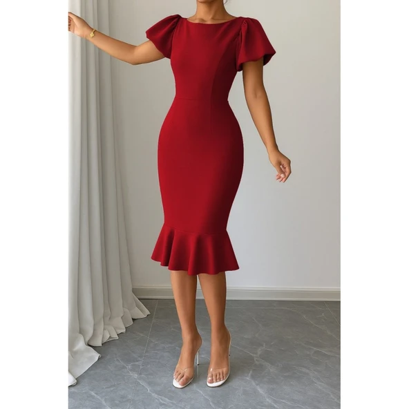 Lucky Life Kadın Kısa Kollu Yuvarlak Yaka Pileli Janjan Krep Elbise - 2