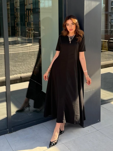 Lucky Life Kadın Kısa Kollu Bisiklet Yaka Maksi Boy Ithal Krep Elbise ürün görseli 1