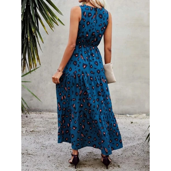 Lucky Life Kadın Kolsuz Bisiklet Yaka Beli Lastikli Desenli Süprem Elbise - 4