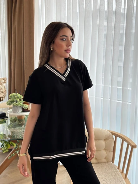 Lucky Life Kadın Kısa Kollu V Yakalı Iki Iplik Bluz Ve Pantolon Ikili Takım ürün görseli 1