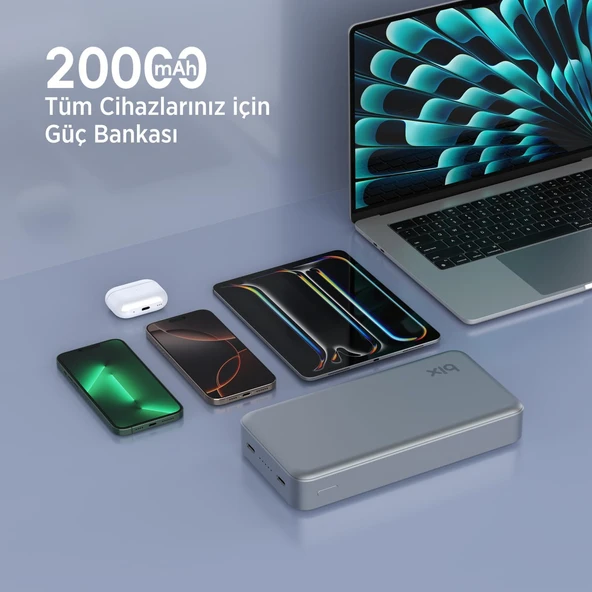 Bix PB205 20000mAh PD 20W Çift USB-C Portlu Hızlı Şarj Destekli Taşınabilir Metal Powerbank Koyu Gri - Resim 3