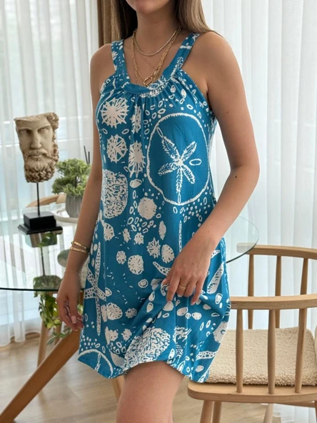 Lucky Life Kadın Askılı Deniz Yıldızı Desenli Süprem Elbise - Resim 2