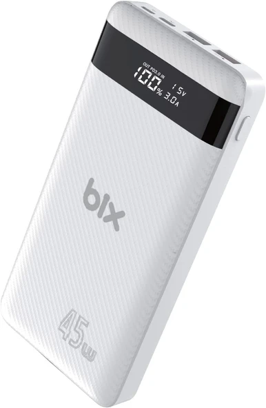 Bix PB202 20000mAh 45W PD Giriş/Çıkışlı Laptop Şarj Edebilen Üç Portlu 22.5W Süper Hızlı Led Göstergeli PowerBank Beyaz ürün görseli