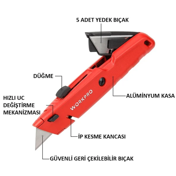WORKPRO WP213009 Ağır Hizmet Alüminyum Gövde Geri Çekilebilir Rötuş Maket Bıçağı + 5 Adet Yedek Bıçak - 2