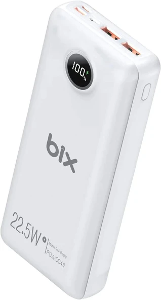 Bix PB201 Üç Portlu 20000mAh 22.5W Süper Hızlı Şarj 4.0 PD Giriş/Çıkışlı Led Göstergeli PowerBank Beyaz