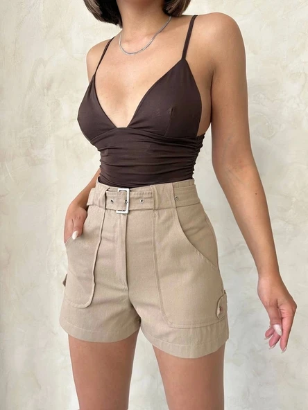 Kemer detaylı gabardin şort bej s25289 - 6