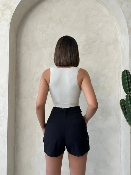 Kemer detaylı gabardin şort siyah s25289 - 3
