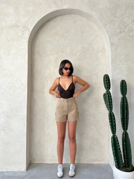 Kemer detaylı gabardin şort bej s25289 - 4