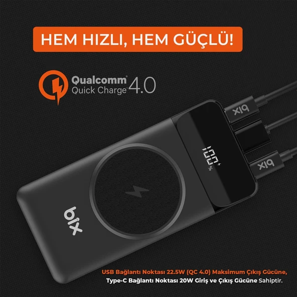 Bix PB102 Mıknatıs Özellikli 10000 mAh USB PD QC 4.0 Kablosuz Şarj Powerbank - Resim 4