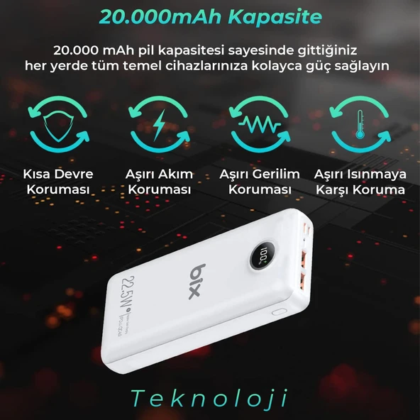 Bix PB201 Üç Portlu 20000mAh 22.5W Süper Hızlı Şarj 4.0 PD Giriş/Çıkışlı Led Göstergeli PowerBank Beyaz - 6