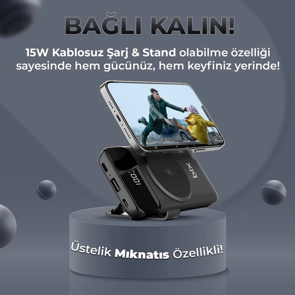 Bix PB102 Mıknatıs Özellikli 10000 mAh USB PD QC 4.0 Kablosuz Şarj Powerbank - Resim 2