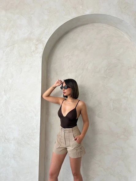 Kemer detaylı gabardin şort bej s25289 - 3