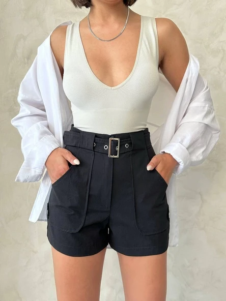 Kemer detaylı gabardin şort siyah s25289 - 5