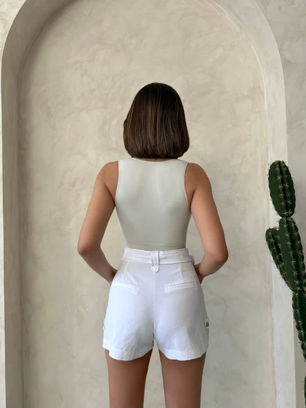 Kemer detaylı gabardin şort beyaz s25289 - 3