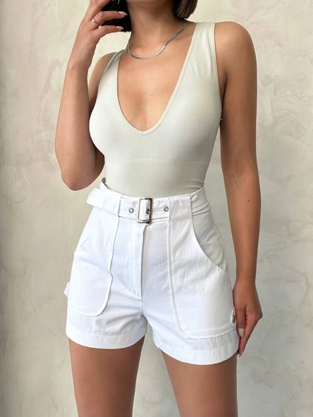 Kemer detaylı gabardin şort beyaz s25289 - 5