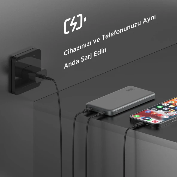 Bix PB113 10000mAh PD 20W Çift USB-C Portlu Hızlı Şarj Destekli Taşınabilir Metal Powerbank Koyu Gri - 2