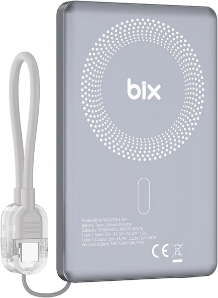 Bix PB114 5000mAh 20W Dahili Type-C Kablolu 15W Manyetik Kablosuz Şarj Özellikli Portatif Powerbank Taşınabilir Hızlı Şarj Cihazı - 1