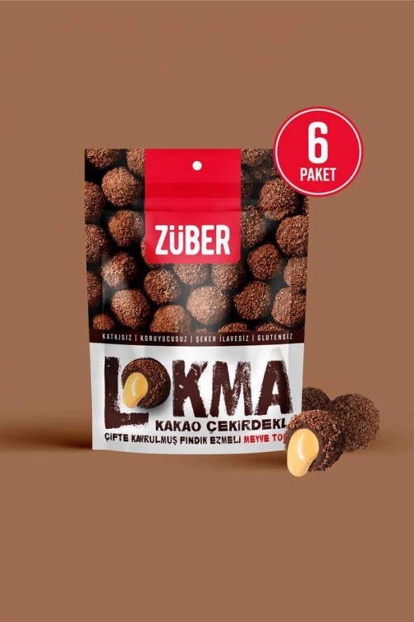 Züber Lokma Kakao Çekirdeği Kaplı Fındık Ezmeli Meyve Topu 96g x 6 Paket