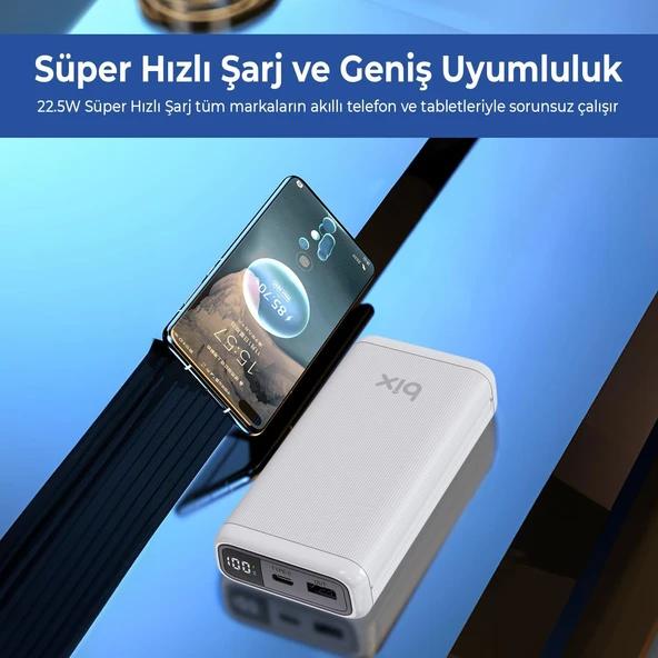 Bix BXPB204 20000mAh USB-A 22.5W ve Type-C PD 20W Çift Çıkışlı LED Ekranlı Powerbank Beyaz - Resim 6