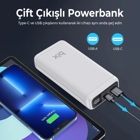 Bix BXPB204 20000mAh USB-A 22.5W ve Type-C PD 20W Çift Çıkışlı LED Ekranlı Powerbank Beyaz - Resim 5