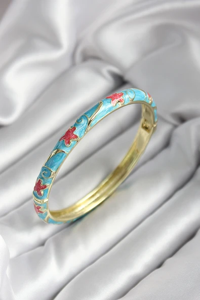 Mineli Pirinç Mavi Çiçek Desenli Gold Renk Kadın Kelepçe (çap 60 mm) - TJ-BB6995