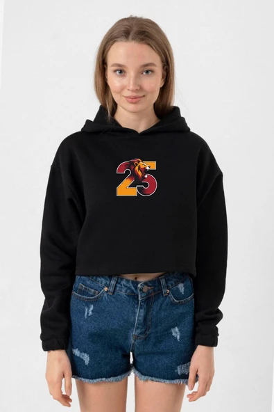 25 Aslan Siyah Kadın Crop Kapşonlu