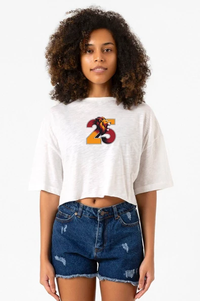 25 Aslan Beyaz Kırçıllı Kadın Crop Tshirt - 1